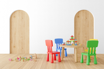 Colorful Playroom with Red Blue Green Chairs and Building Blocks Cutout PNG with Shadow– Transparent Wall Mockup with Realistic Shadows – 3D render