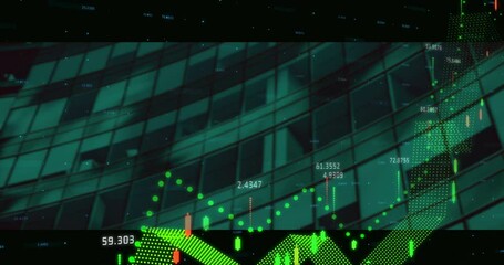 Financial chart overlay animating on glass facade when yellow band appears showing market trend - Powered by Adobe