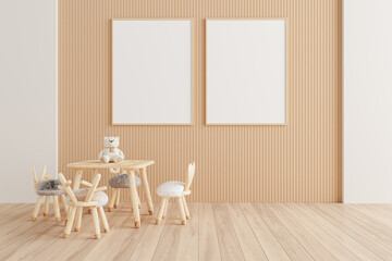 Kids room frame mockup with Scandinavian wooden chairs, plush bear and ribbed panel wall