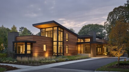 Modern home glowing at dusk, warmth and comfort in twilight.
