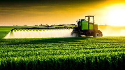 Obraz premium Green tractor sprays crops in a field at sunset or sunrise.