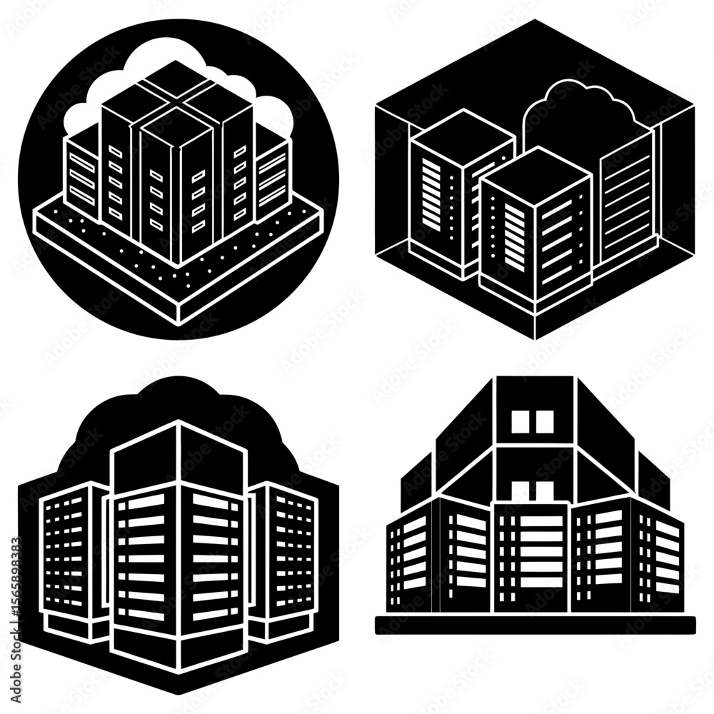 Poster isometric server farm icons showing cloud computing and data storage in a minimalist style design co