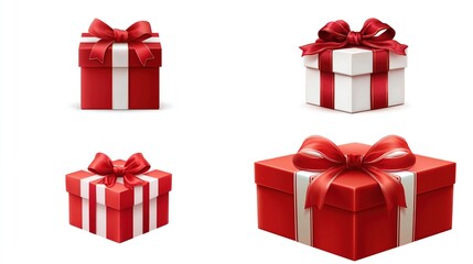 Four red and white gift boxes with bows