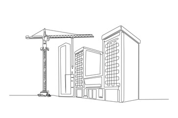 Building with construction crane in continuous one line drawing. Single line art illustration of building construction with crane.