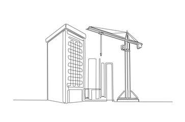 Building with construction crane in continuous one line drawing. Single line art illustration of building construction with crane.