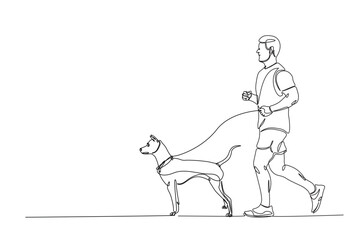 Man jogging with his dog in continuous one line drawing. Single line art illustration of runner and dog.