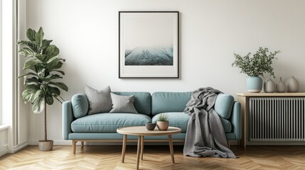 Bright living room features a sofa, tree, table and artwork against a white wall
