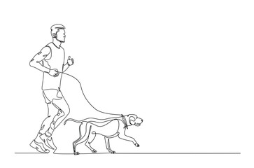Man jogging with his dog in continuous one line drawing. Single line art illustration of runner and dog.