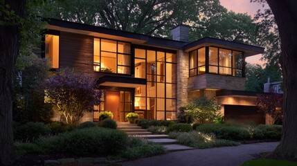 Fototapeta premium Modern home glowing at dusk, warmth and comfort in twilight. 