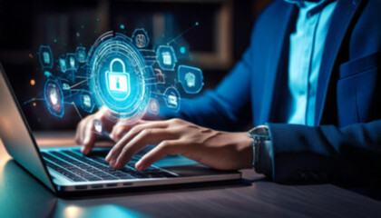 Businessman Engaged in Cybersecurity Operations with Digital Padlock Hologram
