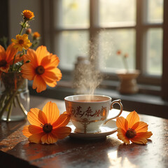 cup of tea and flowers