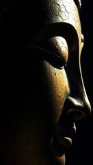 Ancient Textured Golden Buddha Face in Meditative Close-up