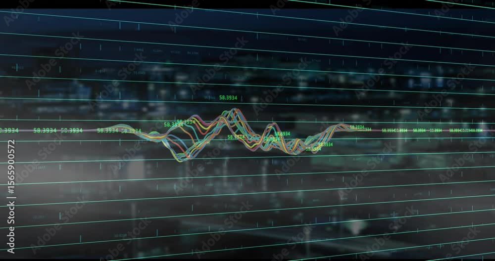 Poster opening grid waveform rippling shifting multicolor peaks updating data labels visualizing trends