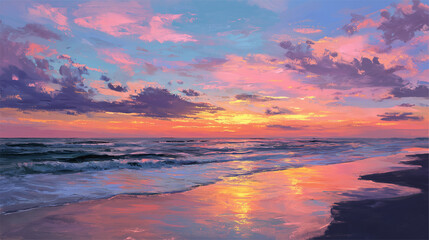 Naklejka premium Vibrant Beach Sunset with Colorful Sky and Reflections