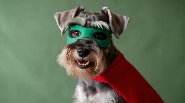 Funny schnauzer dressed as a superhero with a red cape and a green mask on a green background