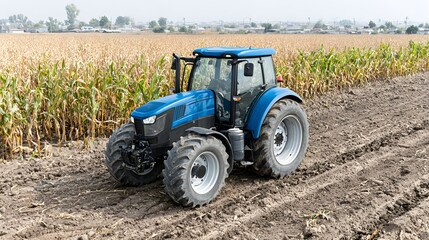 Obraz premium Blue tractor on tilled soil in a field with crops in the background.