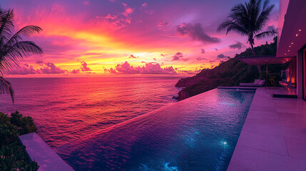 Stunning Infinity Pool at Sunset Over Tropical Ocean. ai generated