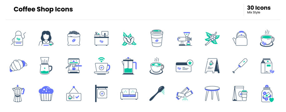 Coffee shop icon set. coffee, cup, mug, cafe, barista, espresso, latte, cappuccino, brew, roast, bean, grinder, machine, moka. Vector mix icon illustration
