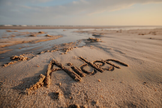 Name Aiden handwritten in soft wet sand with natural fingertip style and pastel tones, calm beach scene with pale sky and gentle light, ideal for personalized designs or messages