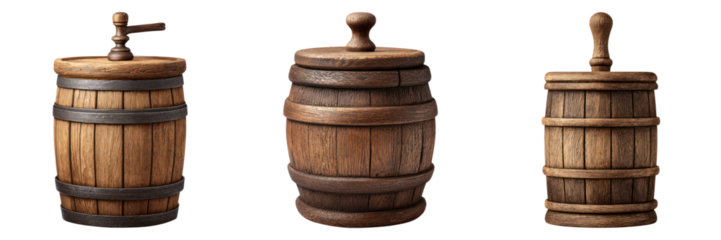 Wooden butter churns with lids and handles, vintage dairy tools showing rustic craftsmanship and natural wood texture
