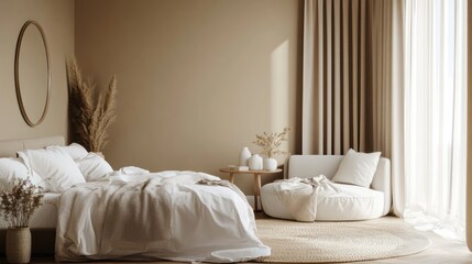 Warm bedroom with creamy white bedding, round rug, curtains, and decorative oval mirror