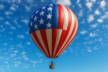 Hot Air Balloon with American Flag Design Floating in Clear Blue Sky with Beautiful Clouds in High-Quality Landscape Image