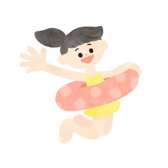 浮き輪で遊ぶ水着の女の子　夏モチーフ　シンプルな水彩イラスト