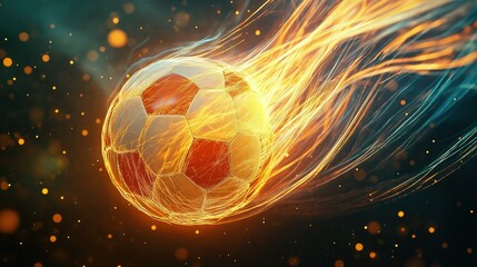 Dynamic soccer ball with glowing, fiery - like trails on a dark background, ideal for sports - themed designs, events, and promotions. 
