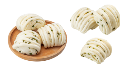 Chinese scallion rolled steamed buns (Hua Juan) on white background.