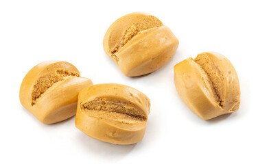 a few brown sugar steamed Chinese buns on white background.