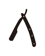 An open, vintage straight razor with a black handle and blade, isolated on white.