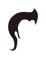 A stylized, abstract black silhouette resembling a curved shape, possibly hair or a design element, on a white background.