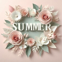 A soft, elegant Mother's Day floral arrangement in pastel tones, featuring the word 'SUMMER' in large, 3D-style text at the center. 