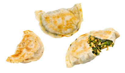 Fried leek dumplings or Chinese chives pancakes on white background.