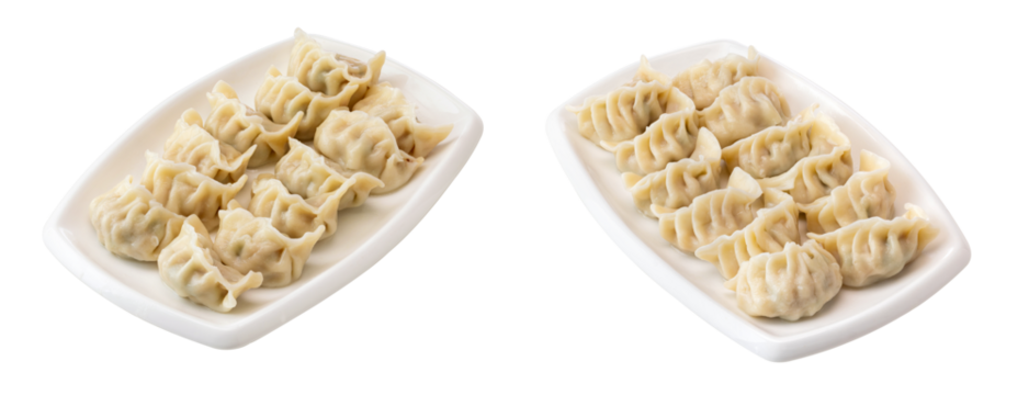 Two plates of cooked handcrafted Chinese dumplings