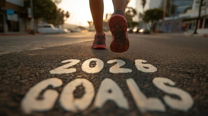 Person wearing running shoes stepping forward on a road with "2026 GOALS" text, ideal for motivational and goal - setting use in marketing, presentations, or personal projects. Scene set during sunset