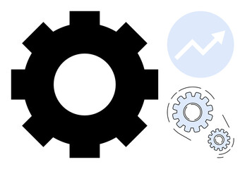 Large gear with smaller interlocking gears and an upward line graph. Ideal for teamwork, growth, strategy, productivity, development, efficiency, success. Simple flat metaphor