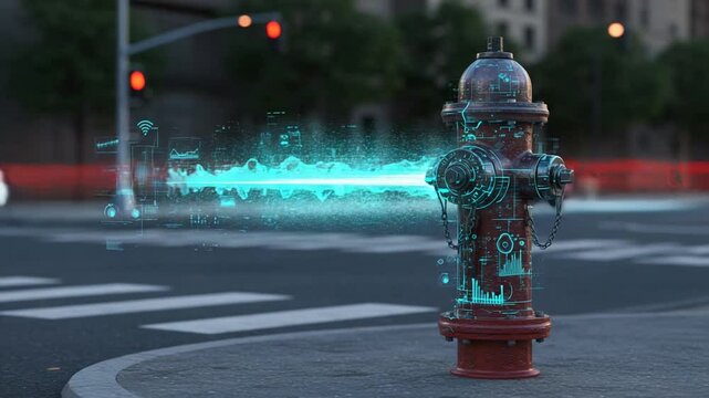 Futuristic hydrant with digital effects in urban setting