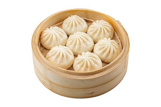 A bamboo steamer of cooked small steamed buns (soup dumplings).