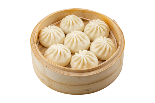 A bamboo steamer of cooked small steamed buns (soup dumplings).