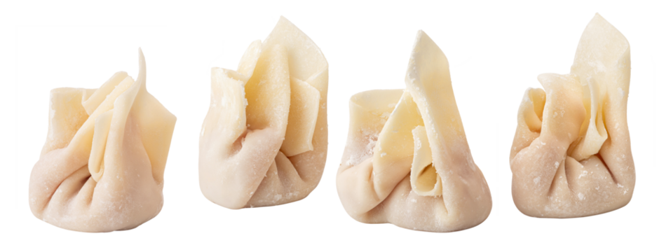 A few freshly wrapped uncooked wontons on white background.
