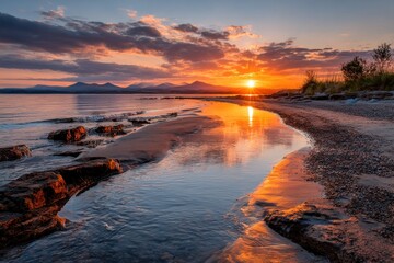 Serene sunset over tranquil lake shore
