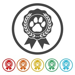 Pet paw award ribbon icon. Set icons in color circle buttons