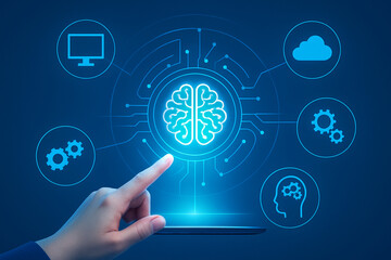 Digital Brain Interface on Tablet Display with Cloud Computing, Gears, Computer Screen