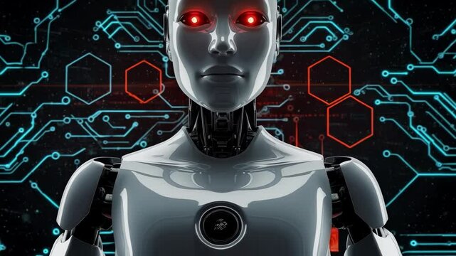 A robot head with glowing red eyes is set against a circuit board background