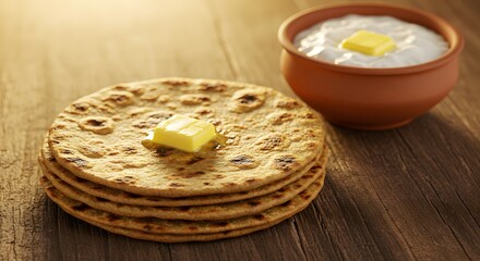 Stack of flatbreads topped with butter, next to a bowl of yogurt with butter, on a wooden surface.