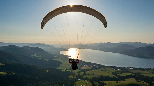 Majestic paragliding adventure over glistening lake and lush green landscapes, sunny day