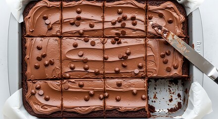 Overhead view of chocolate brownies with frosting and chips cut in square pieces
