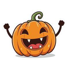Black-and-white line art of a cheerful pumpkin character with raised fists, a wide open mouth showing fangs and tongue, and a joyful expression that captures festive Halloween spirit.