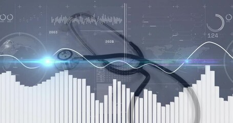 Bar chart rising triggers sine wave sweeping across stethoscope, highlighting live health trends - Powered by Adobe